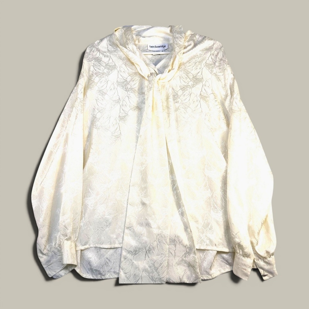 Breckenridge Horse Print Tie Neck Blouse Womens Size 12 Ivory Satin Jacquard Equ